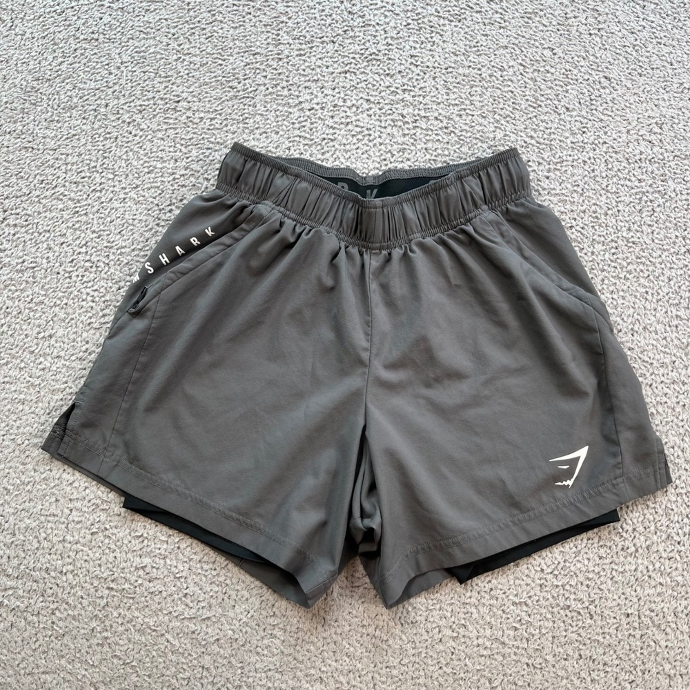 Gymshark Womens XS Grey 2-in-1 Athletic Shorts Zipper Pocket Workout Running